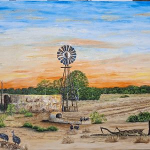 Landscape with dam, windmill, guinea fowls